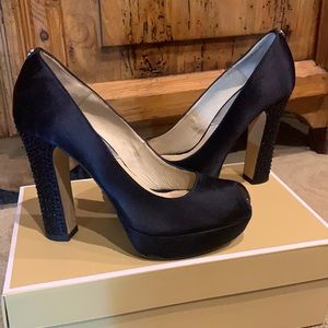 Michael Kors Platform Pumps Black Satin Peep Toe Crystal Block Heel